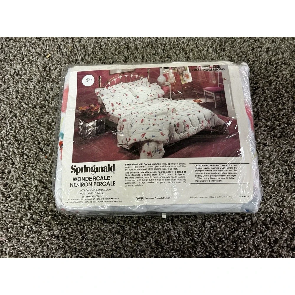 Vintage Twin 80's Abstract Floral Springmaid No Iron Sheet Set Cotton Polyester
